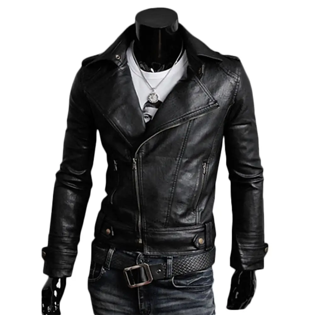 Мужская Ретро панк Slim Fit молния с длинным рукавом лацкане искусственная кожа куртка