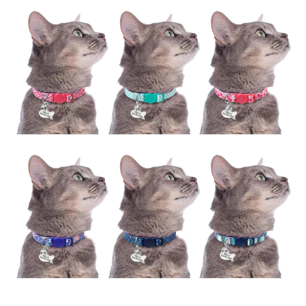 Custom Safety Cat Collar Personalized Cute Kitten Puppy Collars with Bell Name Tag Nylon Print Pet Cats Necklace Accessories