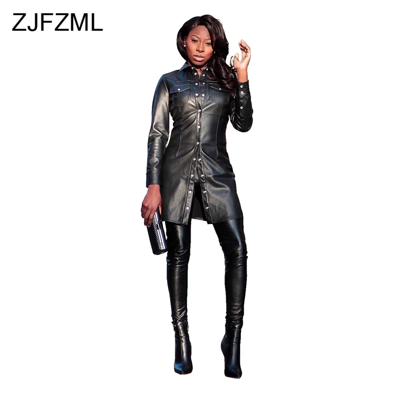 Black PU Leather 2 Piece Tracksuit For Women Turn Down Collar Long