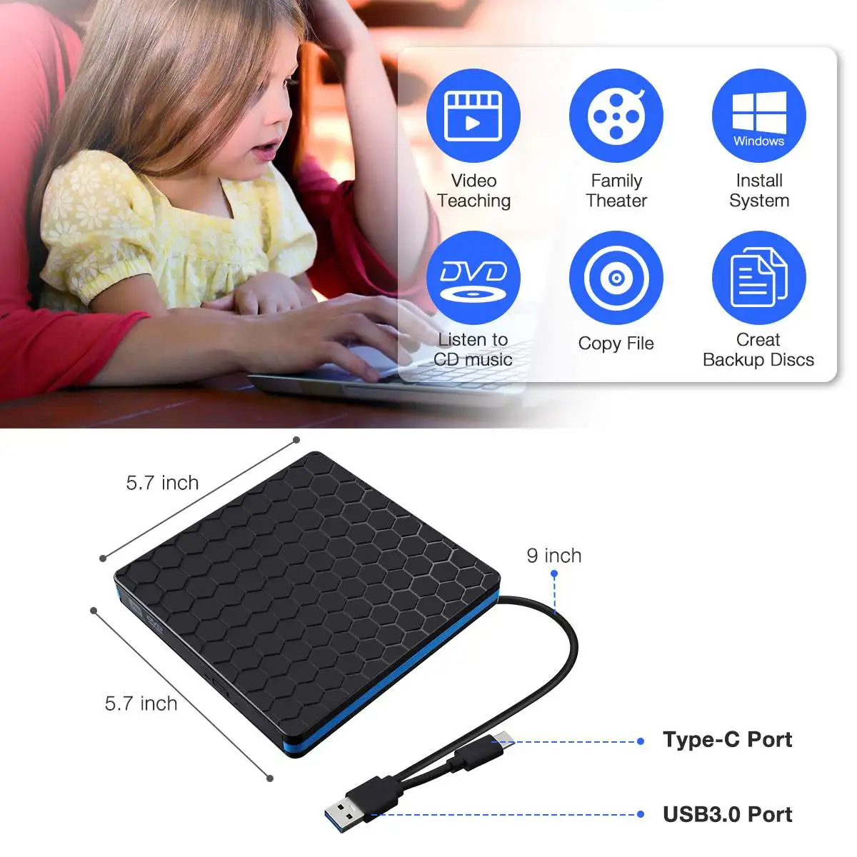 USB 3,0 Delgado externo DVD CD Drive discos ópticos quemador escritor lector grabadora para ordenador portátil Escritorio PC tipo C los dispositivos