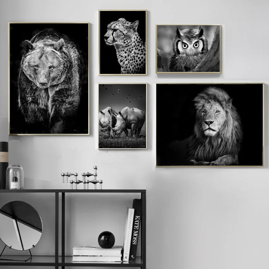 Черно-белый лев, медведь, носорог, леопарды, Сова, настенная живопись на холсте, скандинавские плакаты и принты, настенные картины для декора гостиной
