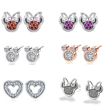 Серьги-гвоздики серебряного цвета с Микки и Минни для женщин и девочек, сверкающие стразы, брендовые серьги, модные ювелирные изделия, Прямая поставка