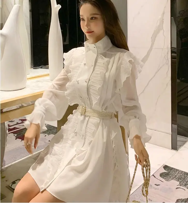 WHITNEY WANG/ г. весенне-летняя модная уличная шифоновая рубашка с оборками и жемчугом, украшенная бусинами и поясом милое женское платье для девочек