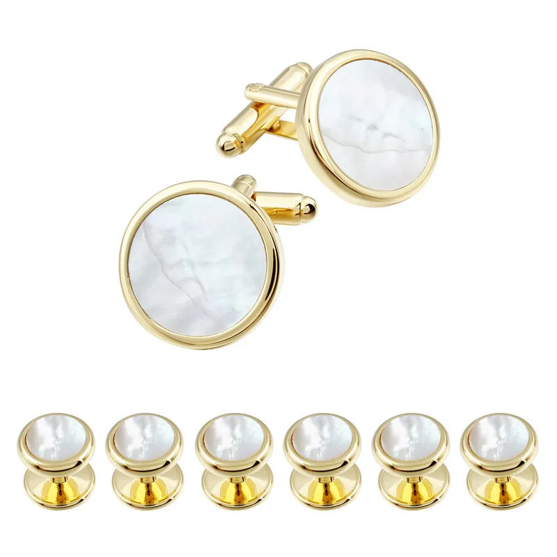 

HAWSON Mother of Pearl Cufflinks and Studs Sets 6 Pieces Gold Color Studs for Tuxedo Luxury Gift for Party
