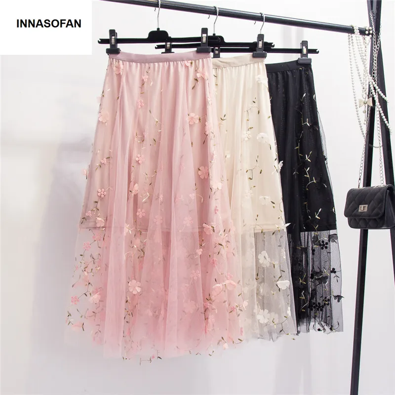 

INNASOFAN Tulle Magic Skirt Womens Spring-Summer Fashionable Beach Long Skirt Eurasian High Waist Skirt with Flower Embroidery