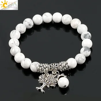 

CSJA Fashion Round White Howlite Stone Mala Beads Tree of Life Bracelets for Men Tibetan Yoga Healing Power Energy Bracelet E724