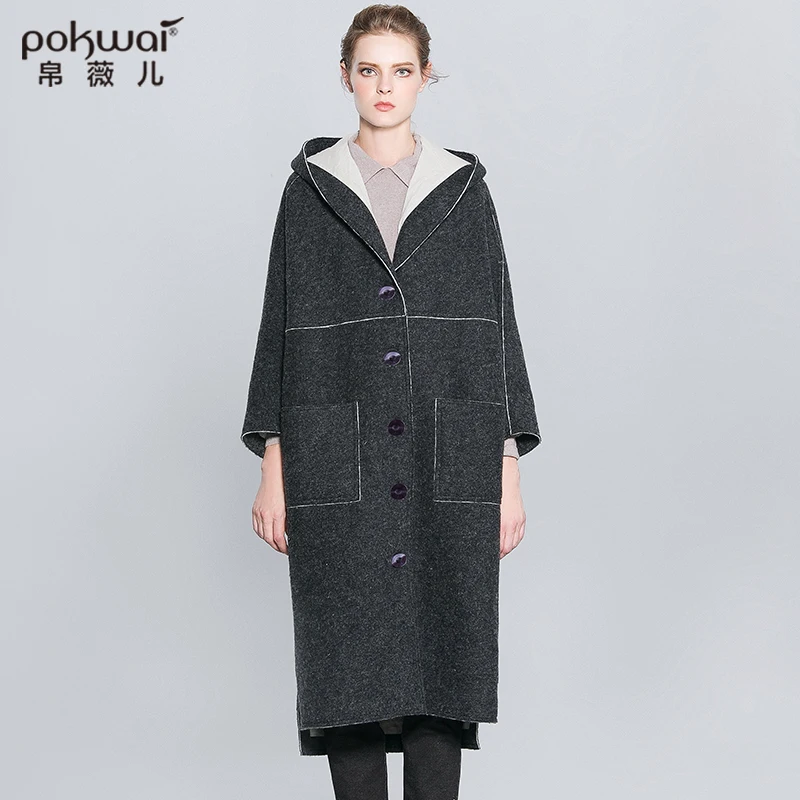 POKWAI Winter Grey Wool Coat Women Elegant Womens Hooded Coats 2017 Luxury Brand Single Breasted