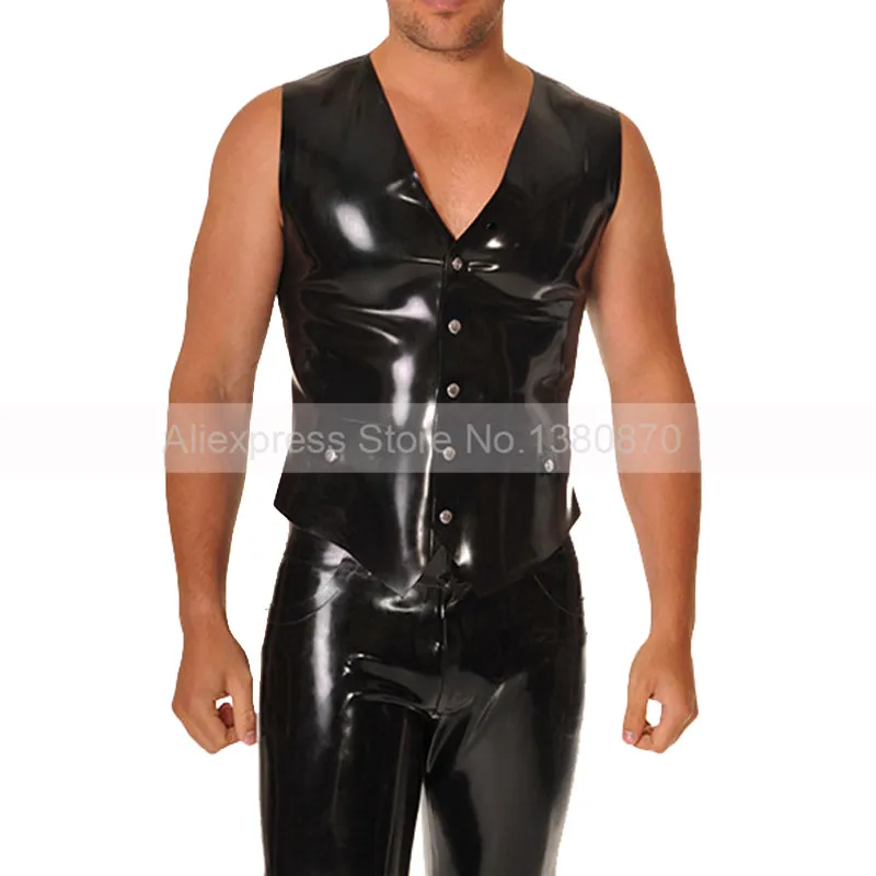 Handmade Latex Man Top Vest Rubber Tee Waistcoat with Front Buttons and Pockets S-LSM065