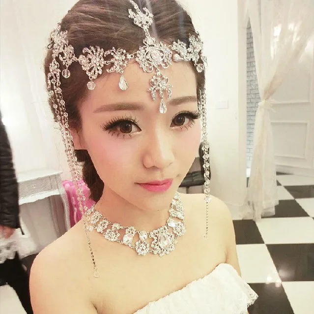 

Good quality sliver Wedding Hairband Tiara Crystal Rhinestone Teardrop 3 in 1 Pendant Bridal Headpieces red Wedding Jewelry