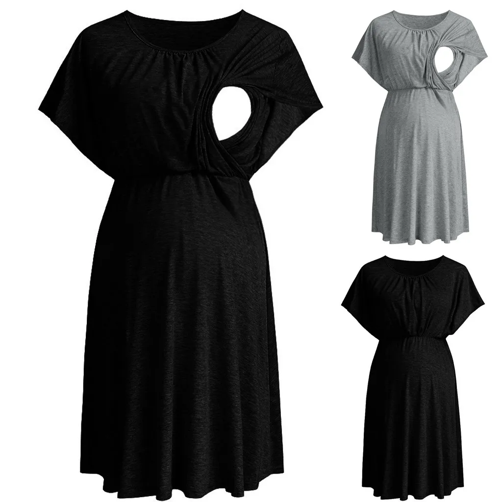

Breastfeeding Dress Women Sleeveless O-Neck Solid Ruffles Pregnant Maternity Dresses Solid Colors Layered Nursing MM528