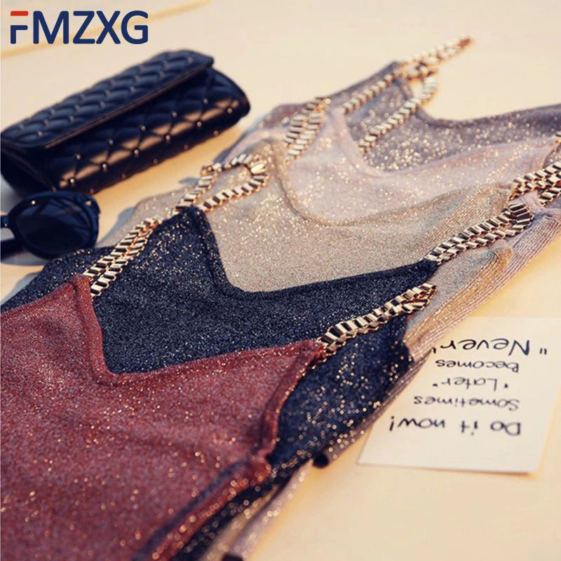 

2018 Summer Women Sleeveless Tank Tops Sexy Female V-Neck Knitted Camisole Club Girls Metal Strap Camis Thin Shiny Glitter Bling