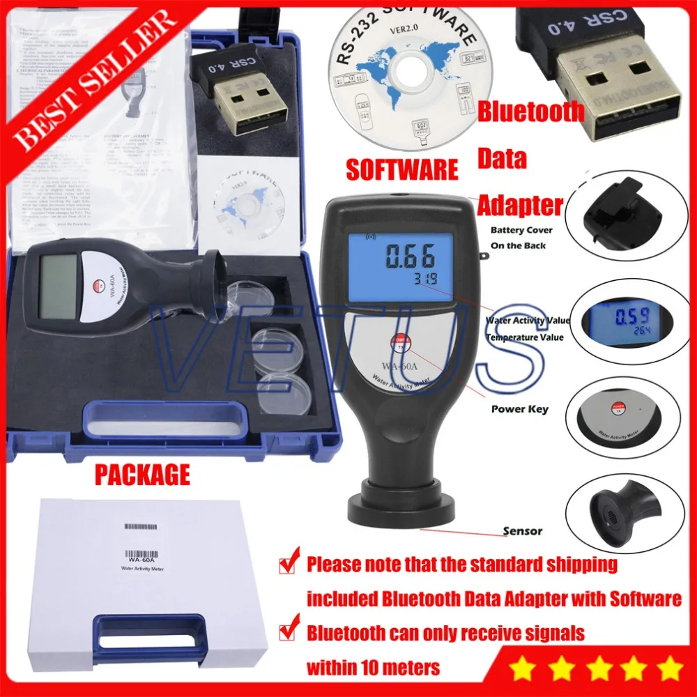 

WA-60A Portable Water Activity Meter Monitor with Bluetooth Data Adapter and Software Food Fruit Vegetables Tester Measurement