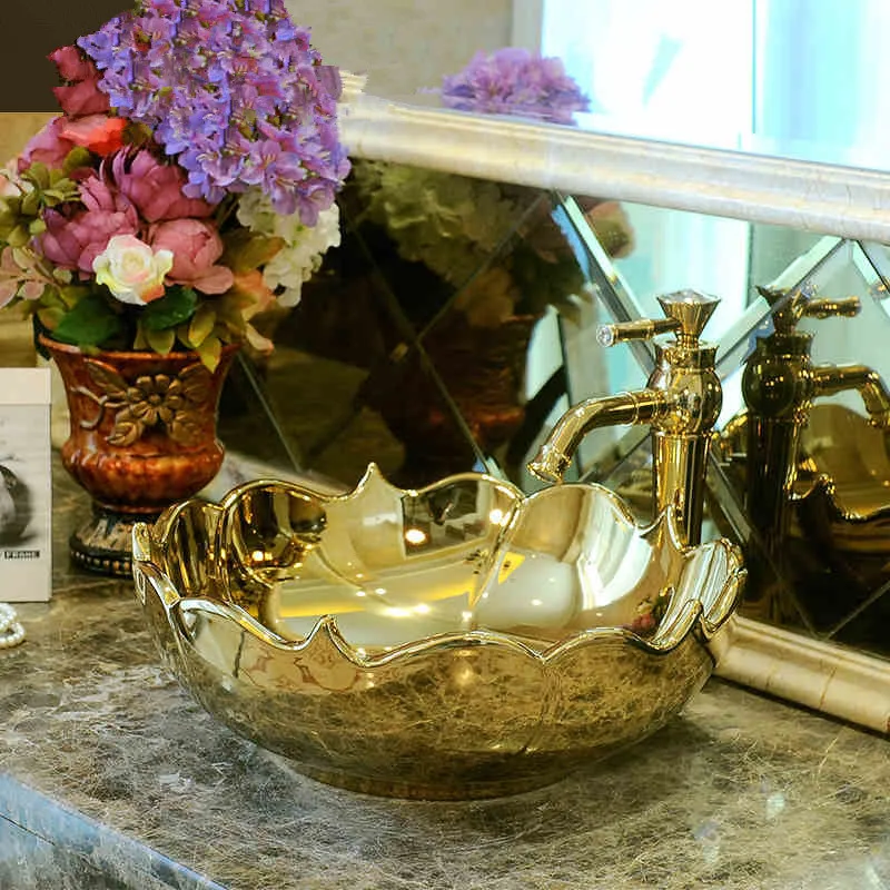 China Artistic Porcelain Handmade Porcelain Lavabo Bathroom Vessel Sinks ceramic wash basin bathroom wash hand basins gold (1)