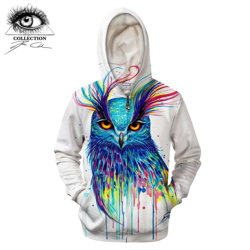 Blue Owl by Pixie cold Art Owl 3D Printed Hoodies Men Streetwear Zipper Unisex Hooded Brand Tracksuits Hoodies Men hoodie Drop