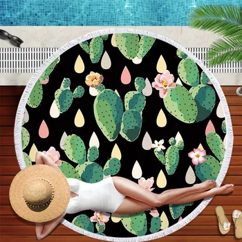 

Beach Bath Blanket Cactus Plants Printed Round Beach Towel Mat with Tassel J2Y