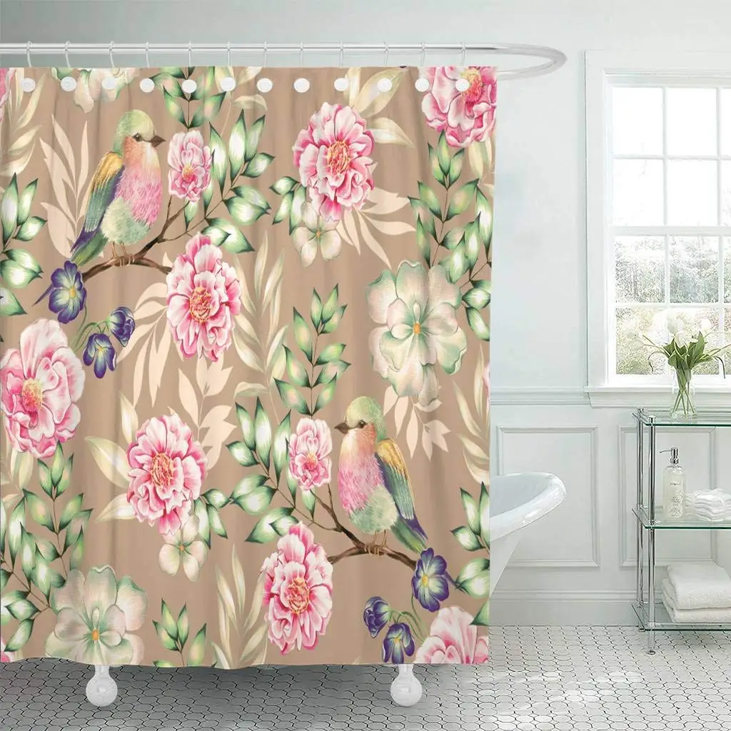 Shower Curtain With Hooks Bird Heavenly Floral With Exotic