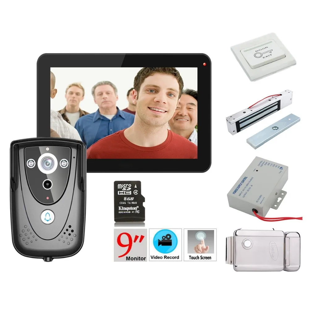 

Home Security 9" DVR Recording Color Touch Screen Video Door Phone with PIR Record intercom System with IR camera 8G SD card