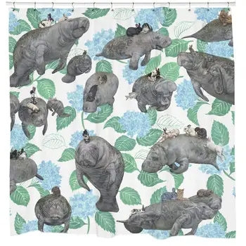 

Rabbits Riding Manatees Fabric Shower Curtain Boho Chic Art 75 inches Long 12 Hooks Included