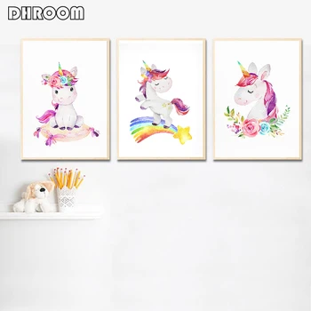 

Cartoon Unicorn Canvas Print Wall Art Poster Nursery Colorful Rainbow Painting Nordic Wall Picture Children Baby Bedroom Decor
