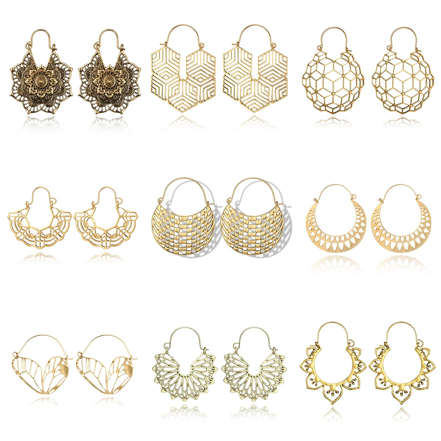 

docona Gypsy Gold Silver Wing Triangle Square Drop Dangle Earrings for Women Metal Hollow Geometric Pendant Earrings Pendientes