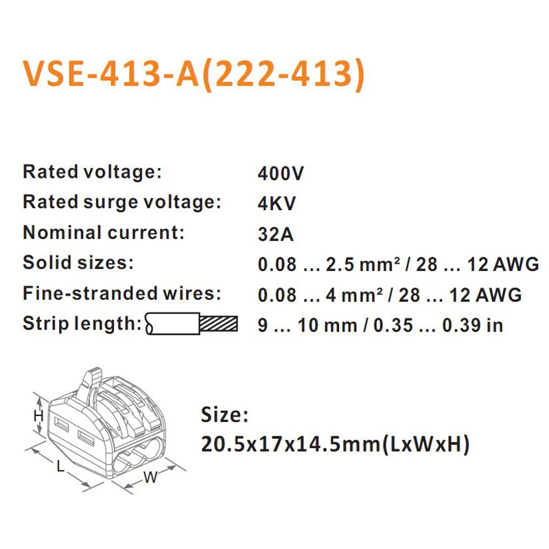 45 шт./лот VSE-413A провода разъемы для тонких и твердых проводов 3p Тип штекера пружинный зажим мини 222-413 клеммный блок