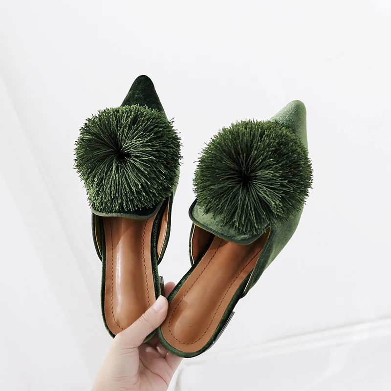 

Faux Fur Pom Pom Women Flats Pointed Toe Flat Velvet Mules Women Slip on Women Flats Shoes Elegant Women Shoes SWA0004