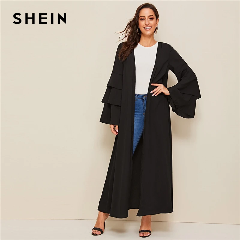 SHEIN abaya/черное многослойное кимоно с рюшами и длинными рукавами для женщин; сезон весна-осень; топ с длинными рукавами; Однотонный удлиненный Повседневный кимоно