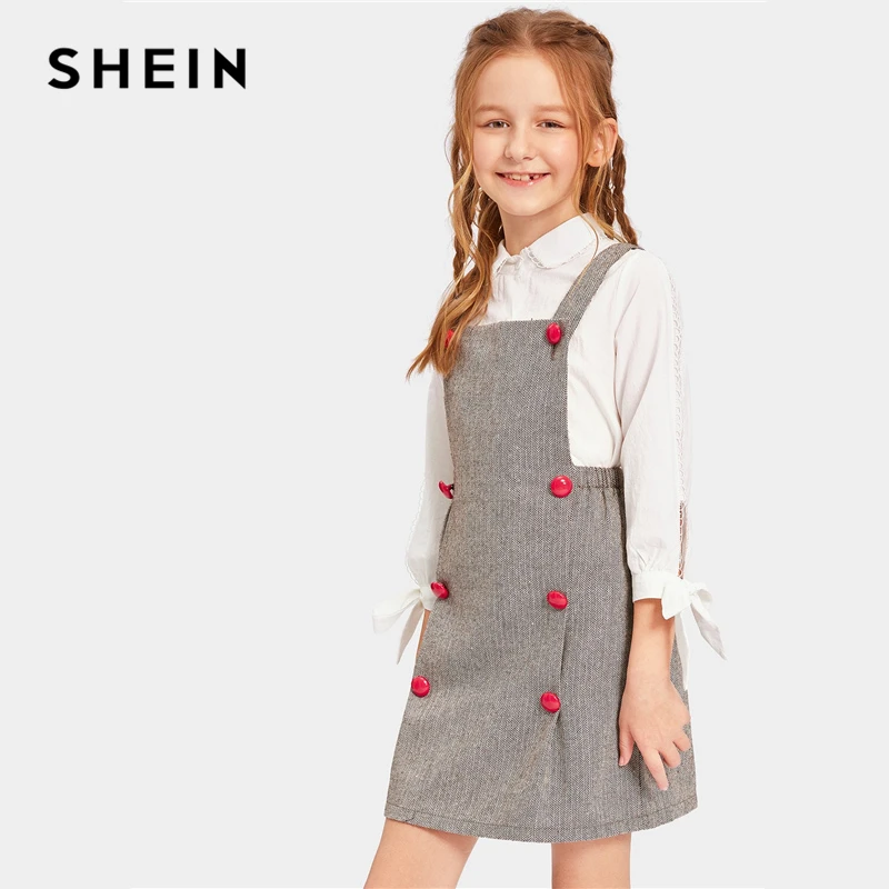 SHEIN Kiddie/серое платье с двумя пуговицами и узором в елочку; элегантное платье; Одежда для девочек; коллекция года; сезон весна; корейские Детские платья без рукавов