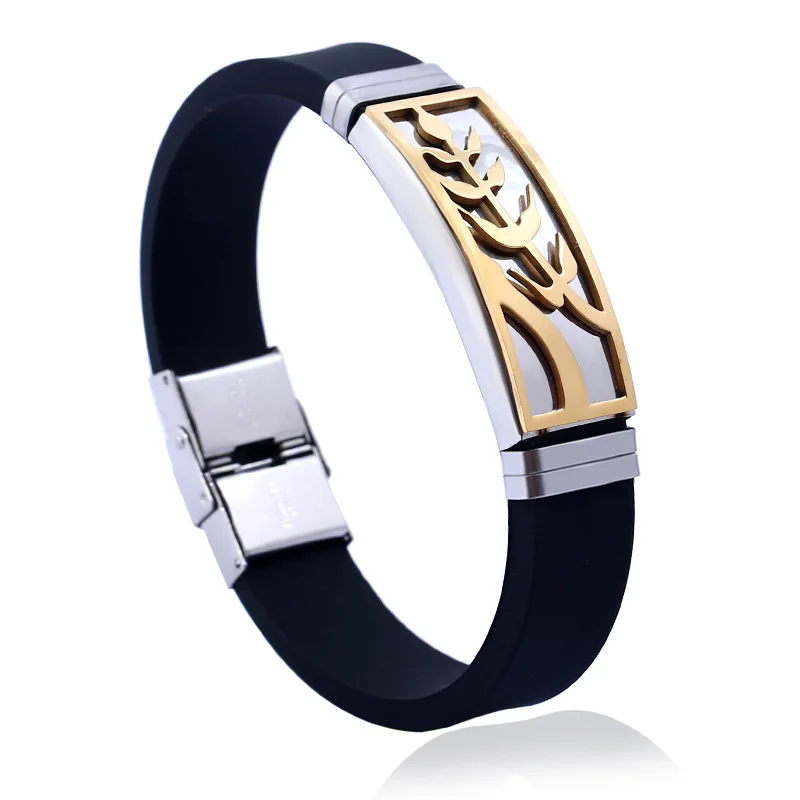2018 New Design Black Rubber Silicone Bracelets Punk Gold Leaf