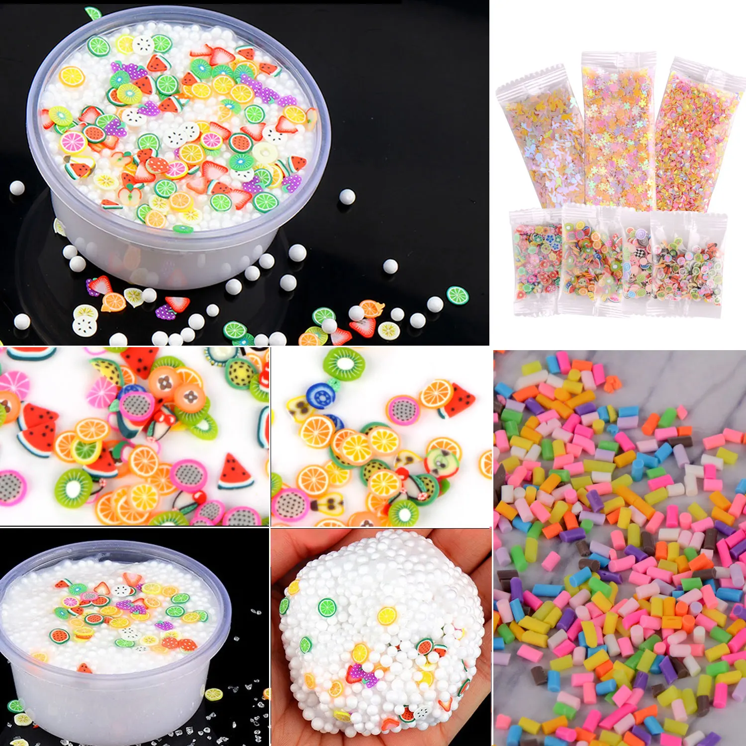 88pcs/set 3D Fluffy Foam Slime Foam Balls Kids Baby Toys DIY Craft Slime Supplies Kit Floam Beads Glitter Slices Rainbow Pearl