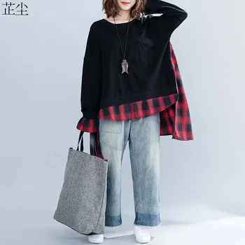 

2019 Autumn New Plus Size Women Hoodies Vintage Sweatshirt Femme Patchwork Red Black Plaid Pullovers Cotton Loose Tops Tees 5XL