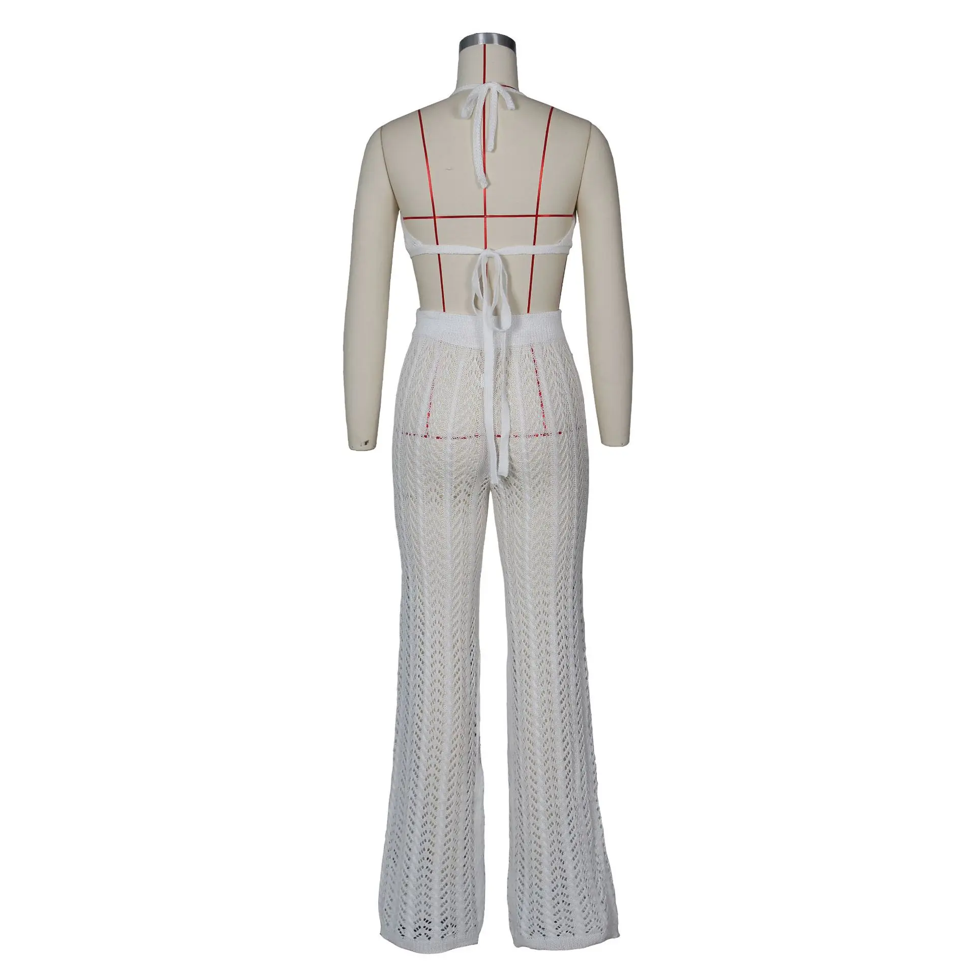 Женский модный вязаный сетчатый полый перспективный костюм из двух предметов с перекрестными границами Лидер продаж