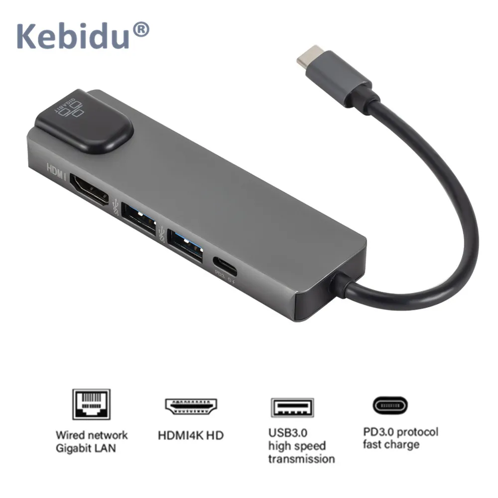 

5 In 1 USB Type C Hub HDMI 4K USB C Hub To Gigabit Ethernet Rj45 Lan Cable Adapter For Mac Book Pro Thunderbolt USB-C Charger