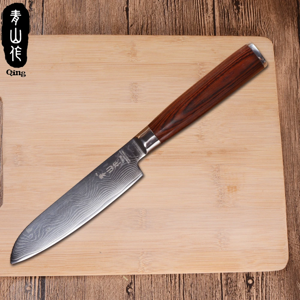 QING качество 5 дюймов Santoku Япония VG10 Дамасская сталь кухонная деревянная ручка для
