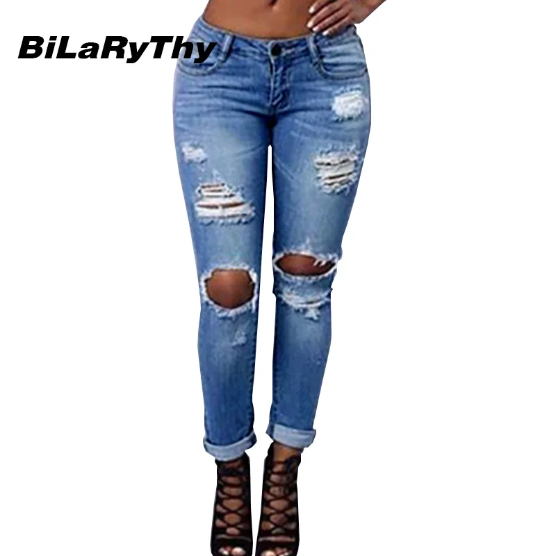 BiLaRyThy Fashion Boyfriend Style Women Jeans Cotton Denim Pants Ripped Holes Skinny Low Waist