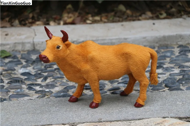 about 24x9x16cm plastic&furs cattle hard model,simulation yellow cattle handicraft,home decoration gift s1487