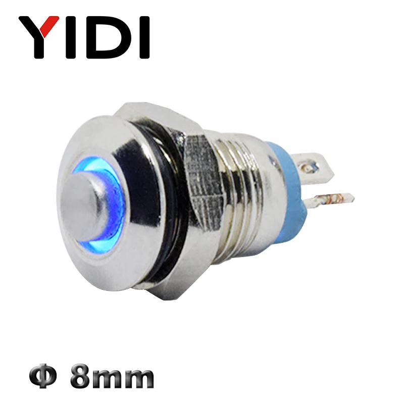

8mm metal push button switch ON OFF brass high head ring LED illuminated 3V red green blue LED 1NO Momentary Pushbutton Switch