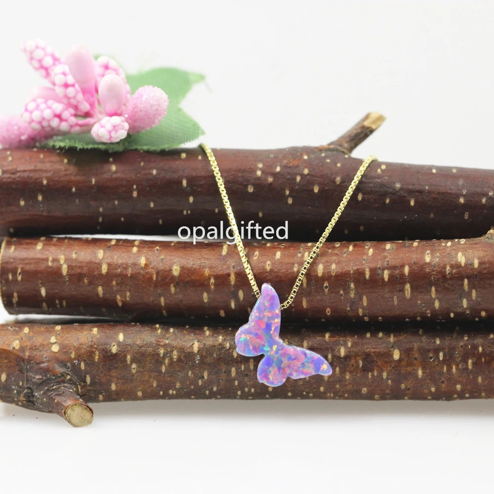 

Fashion Classic design op38 purple Synthetic opal butterfly 8.6*14mm S925 Silver gold Box Chain neckalce jewelry Free Shipping