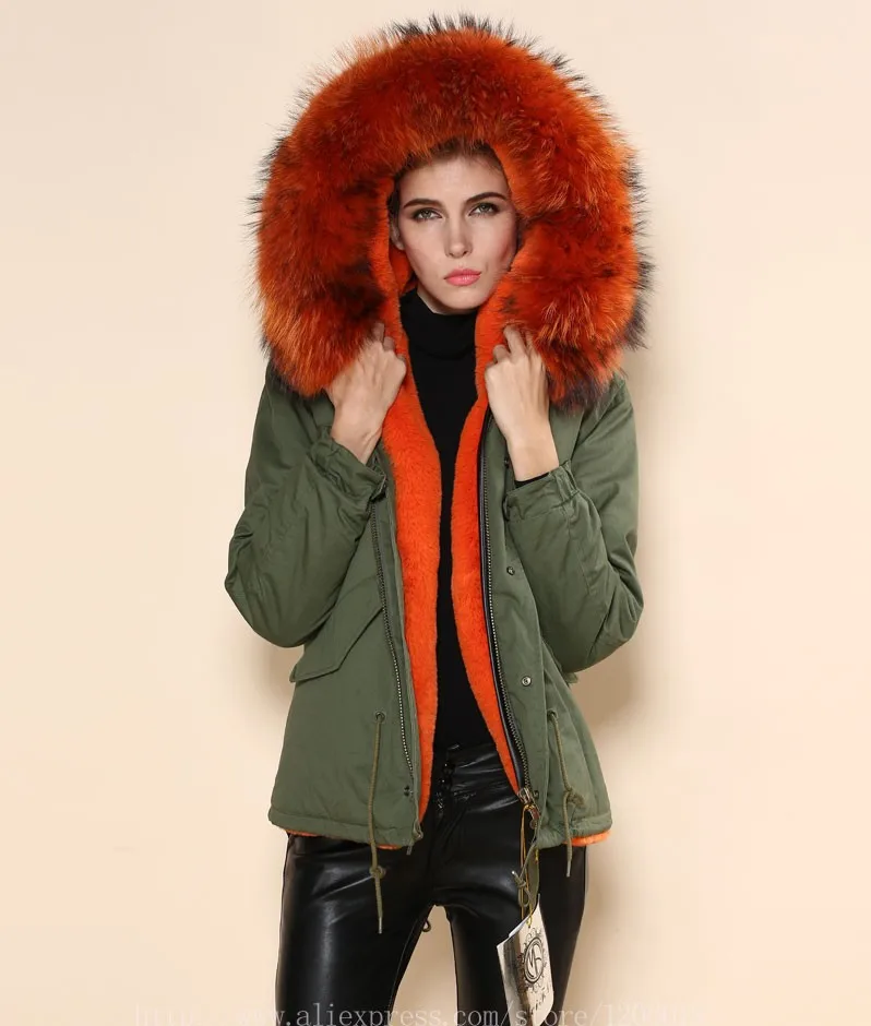Роскошная сексуальная зимняя одежда для девочек с искусственным мехом, теплая оранжевая Большая Меховая парка с натуральным воротником, элегантное женское пальто с мехом енота