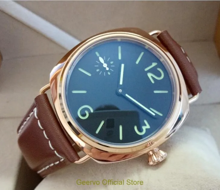 

45mm GEERVO black dial Asian 6497 17 jewels Mechanical Hand Wind gooseneck movement men's watch Rose gold color case 066A