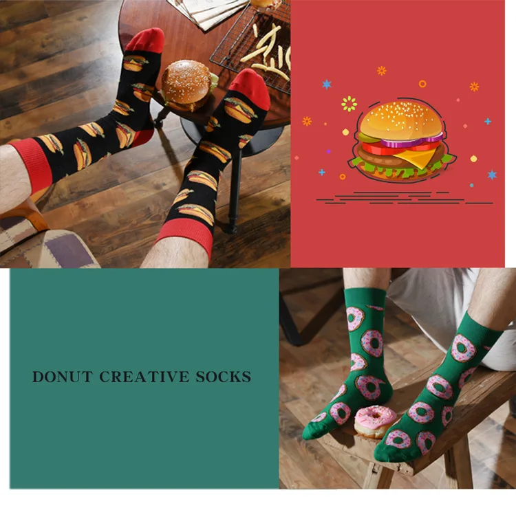 Модные мужские Разноцветные носки из чесаного хлопка с рисунком пиццы, гамбургера, Пончика, новинка, повседневная одежда, забавные Свадебные носки для подарков