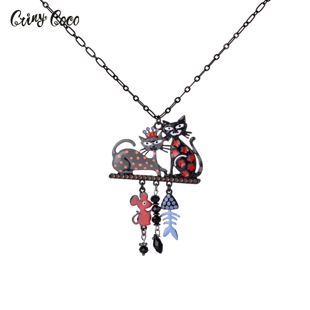 

New Arrival Long Chain Colorful French Cat Necklace Enamel Pendant Fish Alloy Charm Brand Jewelry For Women Girl New Animal