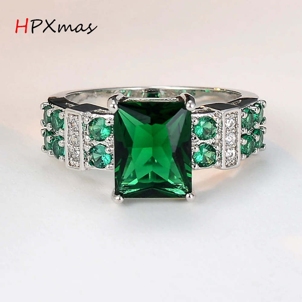 

HPXmas Classic Green Stone Ring Princess Cut Trendy Crystal Rings For Women Wedding Engagement Party Birthday Jewelry B47
