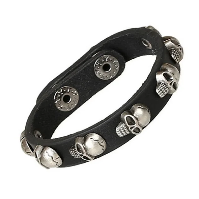 Punk Rock Alloy Skull Head Rivet Stud Bracelet Narrow Black Cow Punk Rock Alloy Skull Head Rivet Stud Bracelet Narrow Black Cow Leather Male Wristband Cuff