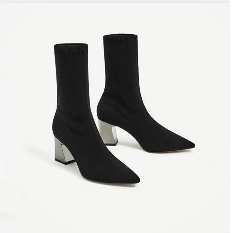 

Dropshipping Fashion Ankle Elastic Sock Boots Chunky High Heels Stretch Women Autumn Sexy Booties Size 40 Pointed Toe Women Pump