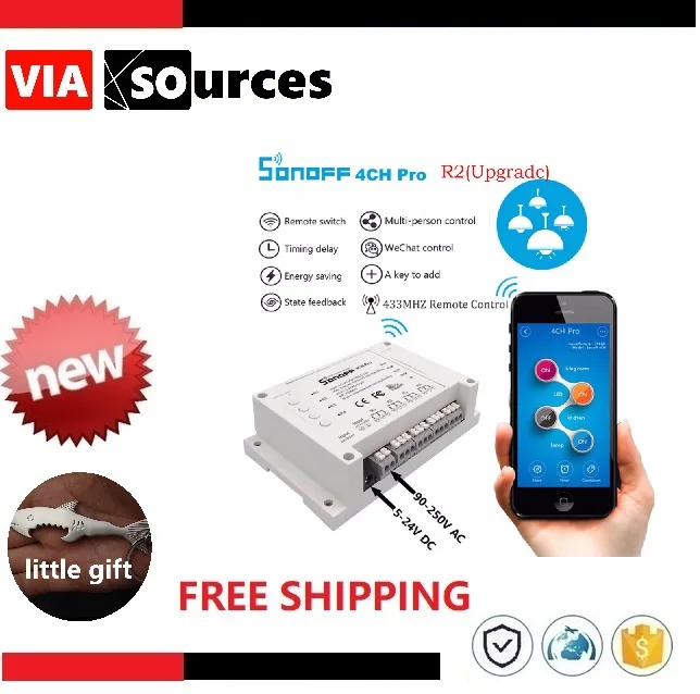 

Original Sonoff 4ch R2 PRO Smart Switch 433MHz 2.4G Wifi Remote Control Smart automation modules 10A Home Appliances 4 Channels