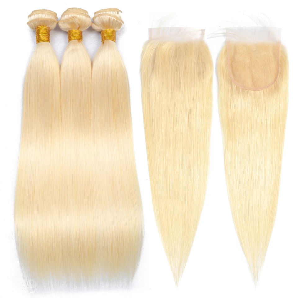 Queenlike цвет 613 человеческие волосы Связки с синтетическое закрытие шнурка волос Remy бразильские волосы Weave Связки мёд блонд