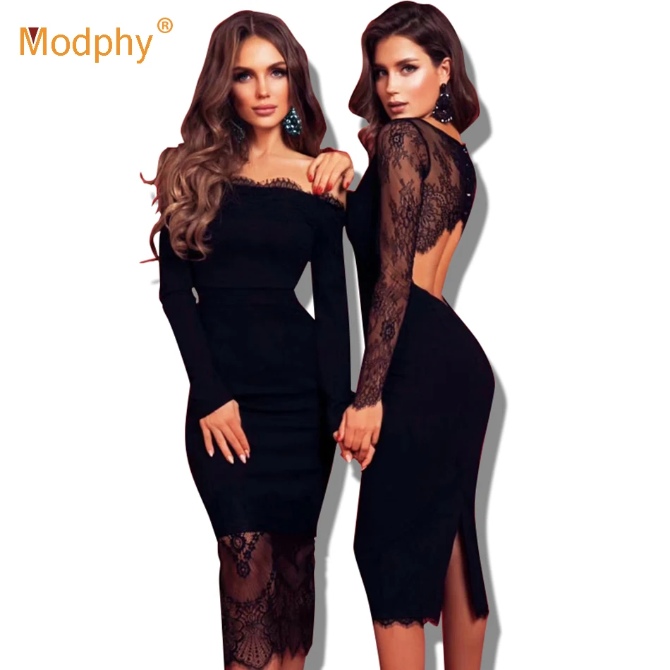 

2019 spring new sexy black lace bandage dress Bodycon long-sleeved halter women's elegant celebrity party dress Vestidos