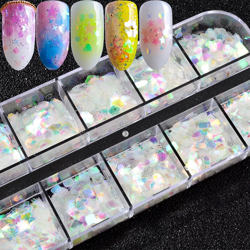 

12 Case Mermaid Nail Sequins Shiny Mixed Holo Paillette Moon Star Lovely Shape Nail Art Decorations Transparent Polish Manicure