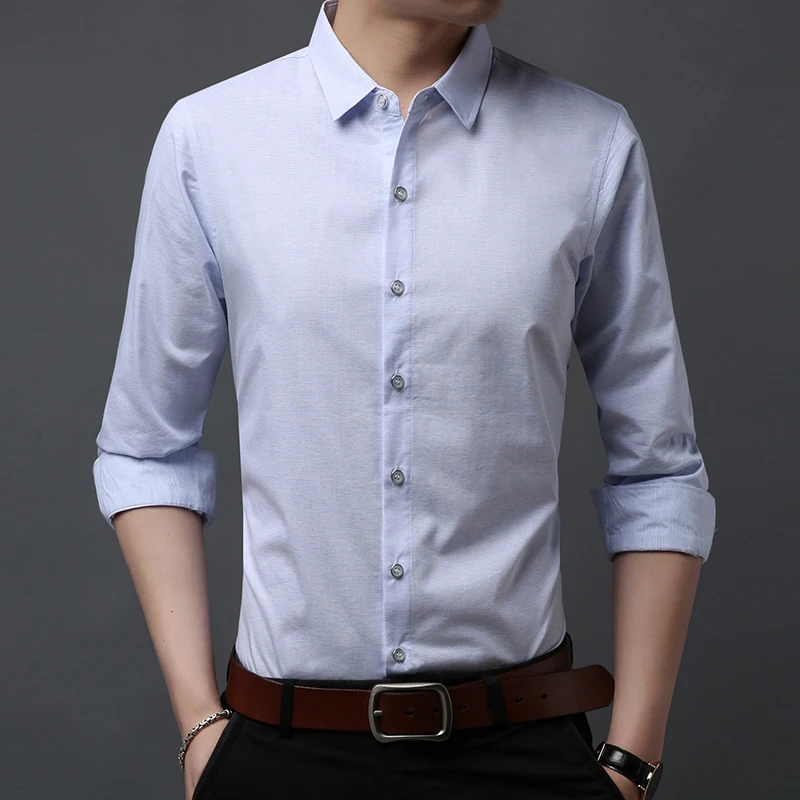 Для мужчин с длинным рукавом рубашка Slim fit 2019 новые весенние однотонные в полоску